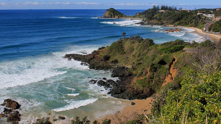 Port Macquarie coastline on a beautiful day taken from high cliff.