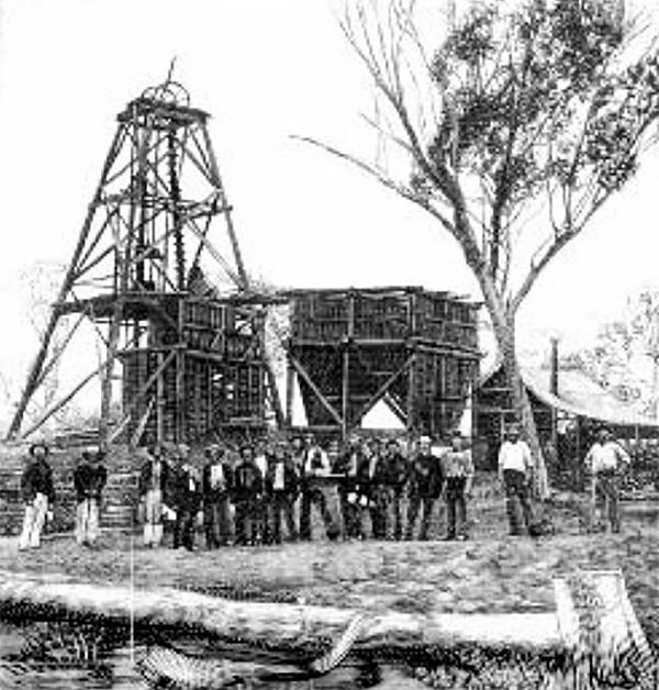 Old black and white photograph of the Leadville Mount Stewart mine looking at the main engine shaft in 1892