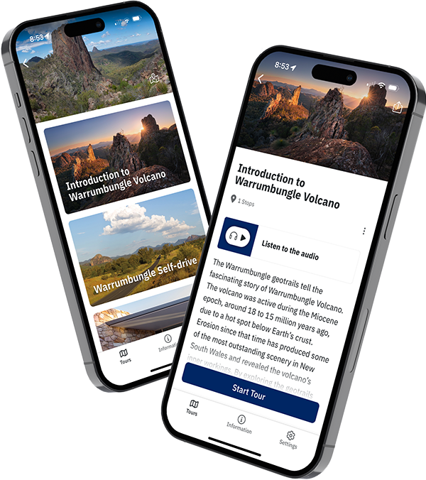 Two floating phones featuring the Warrumbungle National Park Geotrail on both screens.