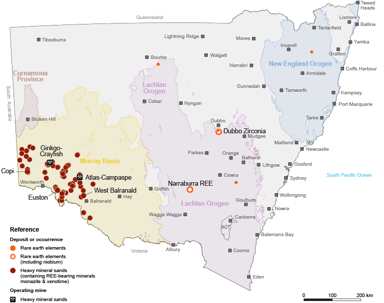 Map of New South Wales showing rare earth elements and heavy mineral sands deposits, occurrences and operating mines in relation to geological provinces.