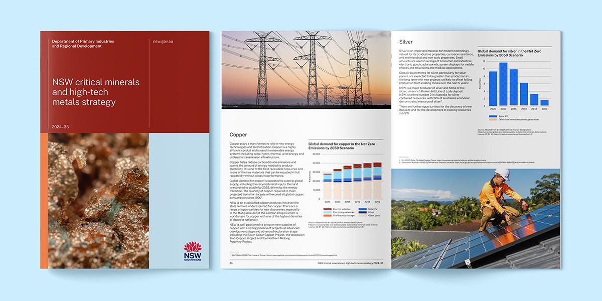 Mockup showing cover and internal spread of the critical minerals strategy